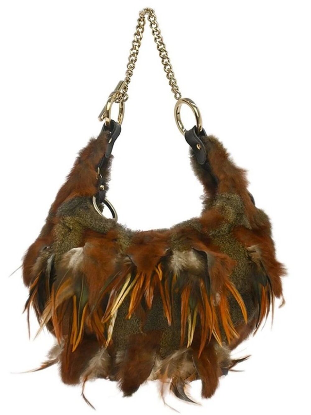 Fendi Brown Feather Rabbit Fur Hobo Handbag